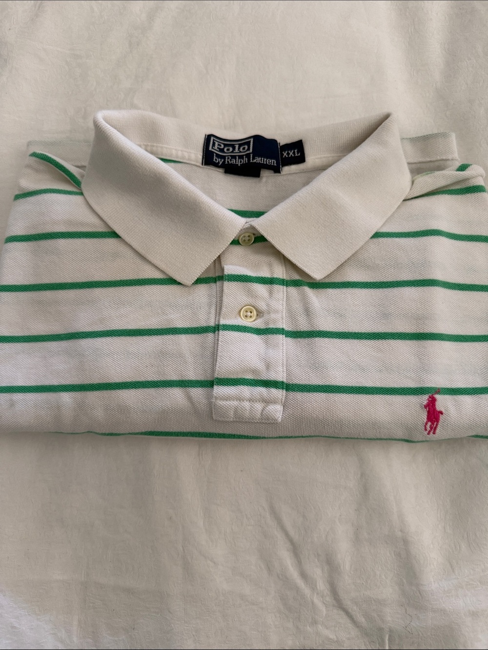 Polo by Ralph Lauren White Polo with Green Stripes and Pink Pony